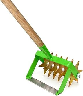 Rotary Soil Cultivator, 2-in-1 Hand Tool - Soil Rejuvenator and Weed Remover, Steel Rotary Hand Soil Scarifier Cultivator Head with Wooden Handle, 20 cm / 8″ Wide, Gardening and Farming Tool