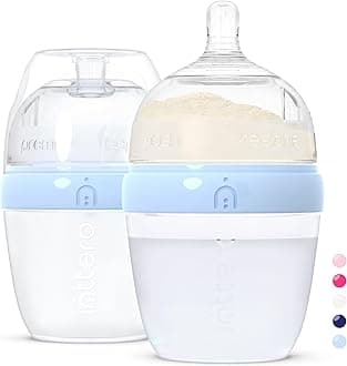 Baby Bottles with Built-in Formula Dispenser, Anti-Colic Wide Neck Design for Newborn Feeding and Everyday Baby Essentials, 6 Oz Slow Flow (2 Pack), Cute Blue