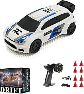 Aetheria 1/43 RC Drift Racing Car, 4WD Fully Proportional Mini Electric Race Vehicle with LED Lights Remote Control High Speed Car for Adult Outdoor - Ready to Run (White Blue)