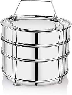 Embassy Stainless Steel Cooker Separator | Suitable for 5 litres Prestige Deluxe Plus Outer Lid Pressure Cookers | 3 Containers with Lifter | Dimension - 17x17x15 cm