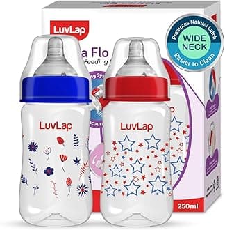 LuvLap Anti-Colic Wide Neck Natura Flo Baby Plastic Feeding Bottle, 250Ml (Pack of 2), New Born/Infants/Toddler Upto 3 Years, Stars, BPA Free