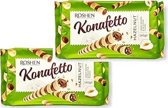 Roshen Crispy Flavorful Wafer Rolls "Konafetto" with Hazelnut-Cream Filling, 4.94oz/140 grams Pack of 2