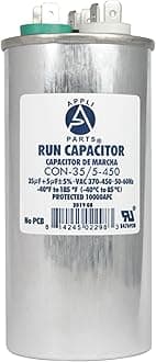 Appli Parts Dual Run Capacitor for ac 35+5 Mfd uF (microfarads) 370VAC or 450VAC CBB65 Round Universal fit for hvac and other applications 4-5/8 in High 2 in Wide CON-35/5-450