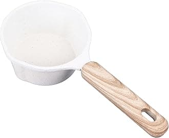 BROLEO Saucepan, Compact Nonstick Sauce Pan with Pour Spouts, Wooden Handle, Aluminum ConstructionStone Coating Milk Pot for Pouring Oil Milk Heating Frying (White)