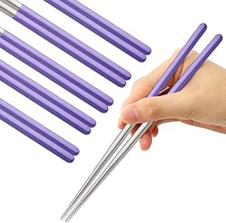 MUYOS Stainless Steel Chopsticks Reusable Multicolor Lightweight 304 Metal Chopsticks Dishwasher Safe - 5 Pairs (Purple)