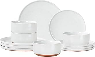 GZG Modern Art Series - 12 Pcs Speckled Stoneware Plates and Bowls Sets, Ceramic Dinnerware Set with Rustic Terracotta Underside, Microwave and Dishwasher Safe Handcrafted Dishes Set - Porcelain White