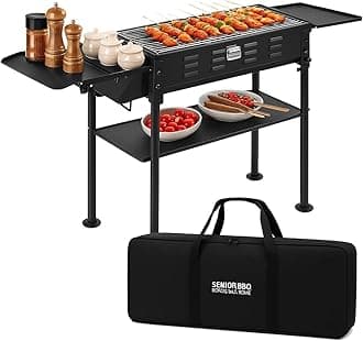 comzenz 35’’ Portable Charcoal Grill Folding BBQ Grill for Outdoor Grilling Cooking Camping Hiking Picnics Tailgating Backpacking Party, With Storage Bag & Non-Stick Frying Pan, Matte Black