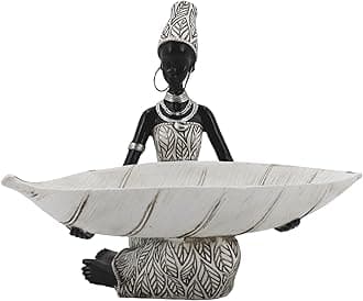Lescafita African Woman Resin Tray Figurine, White Leaf Decorative Bowl Sculpture, Boho Tribal Art Statue for Jewelry Storage and Home Decor