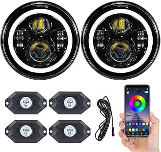 JHLion 7 inch 2000% Super Bright LED Halo Headlights (Black) + RGB Rock Lights Kit for Jeep Wrangler JK JKU TJ LJ CJ 2007–2017 | Bluetooth App Control, Off-Road Ready, Easy Install