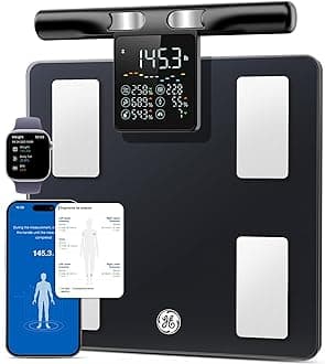 GE Smart Scale for Body Weight: 8-Electrode Body Pod Fat Monitor with Full Body Composition Analysis, Bluetooth App Sync, Large Handle Display, 400lb Capacity Bathroom Scale for Home & Gym, Black