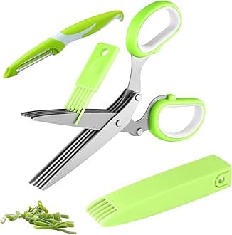 Joyoldelf Gourmet Herb Scissors with Potato Peeler - Master Culinary Multipurpose Cutting Shears with Stainless Steel 5 Blades, Safety Cover and Cleaning Comb for Cutting Cilantro Onion Salad