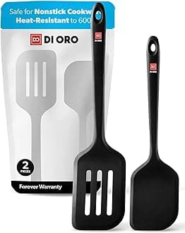 New DI ORO Seamless Series Esso 2-Piece Silicone Turner Spatula Set - 600°F Heat-Resistant Flexible Kitchen Spatulas for Nonstick Cookware - Flippers for Pancakes - Slotted Egg & Small Turners (Black)