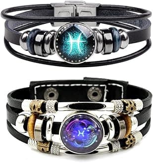 2Pcs Multilayer Constellation Zodiac Leather Bracelet for Women Men Handmade Woven Zodiac Sign Wrap Wristband Bracelet Couple BFF Birthday Jewelry