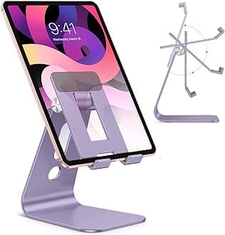 OMOTON Adjustable Tablet Stand for Desk, Upgraded Longer Arms for Greater Stability, T2 Tablet Holder with Hollow Design for Bigger Sized Phones and Tablets Such as iPad Pro/Air/Mini, Purple