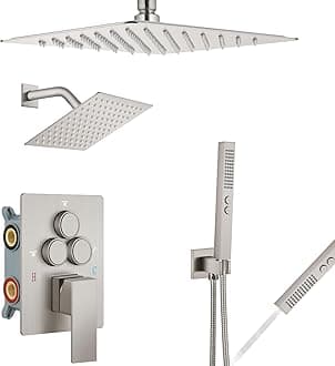 Aolemi Shower Faucet Set Ceiling Mount Shower System Rough-in Valve and Shower Trim Kit 2 in 1 Handheld Spray Push Button Diverter 10 and 6 Inch Dual Shower Head Brushed Nickel