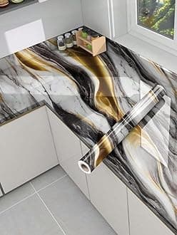 JB'S LAND New 2024 Vinyl Marble Wallpaper Peel and Stick Waterproof Wallpaper for Home Kitchen Countertop Cabinet Furniture Oil Proof Kitchen Stickers(60X200) (Luxury Black Gold Marble)