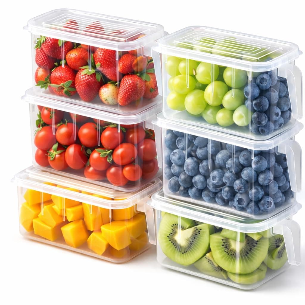 SKY-TOUCH 6PCS Food Storage Container with Lids, Stackable Refrigerator Organizer Bins, BPA-Free for Fruits Vegetables, Freezer Safe Boxes, Transparent,30 * 14 * 14cm