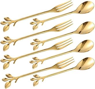 Turbokey Tableware Gold Leaf Coffee Spoon Fork,8 Pack(4 Spoons 4 Forks) Little Demitasse Espresso Spoon and Appetizer Dessert Forks Set,4.7 Inches Tea Spoon Set (Gold8)