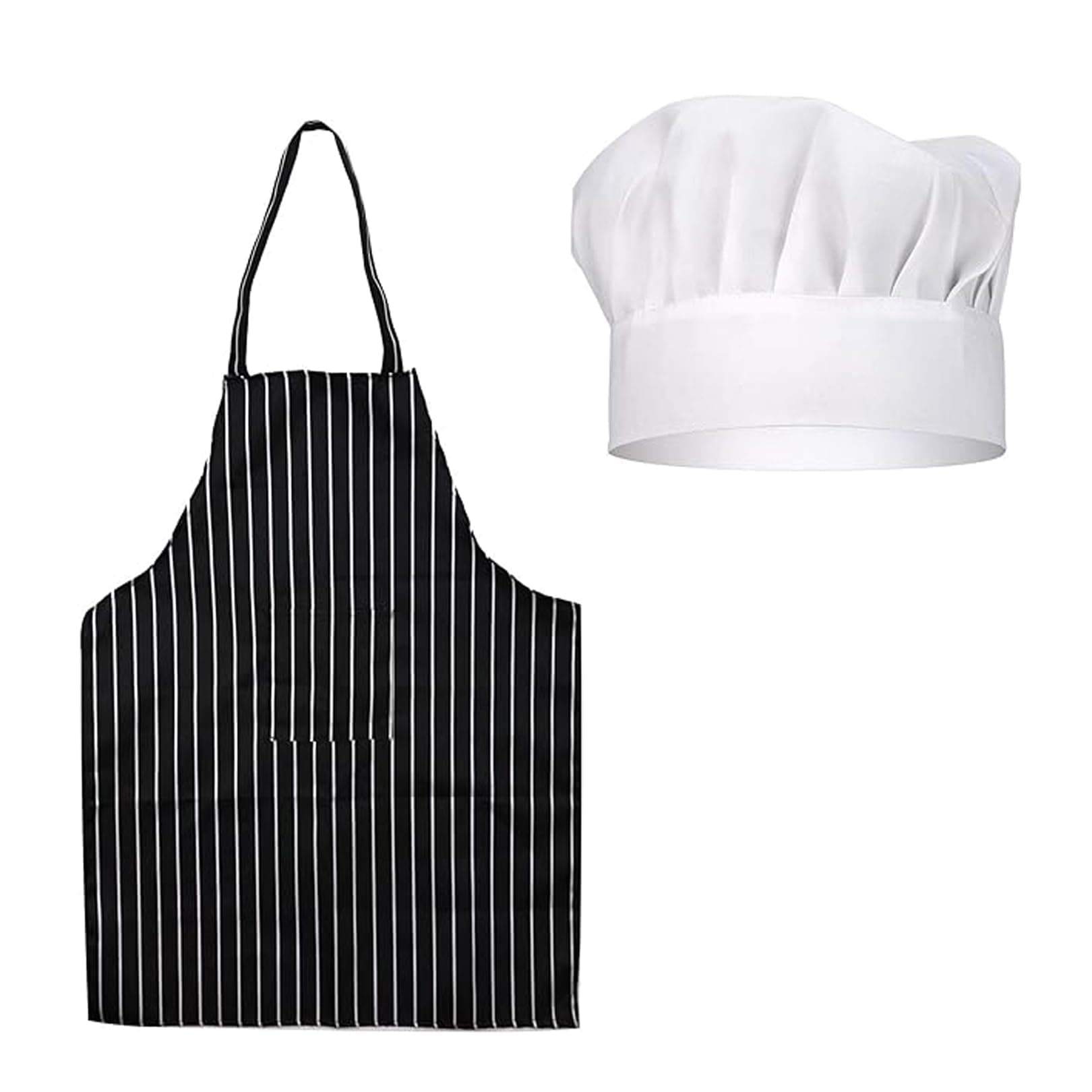 2 PCS Apron and Chef Hat Set,Adjustable Black and White Stripped Apron and White Chef Hat for Unise,Professional Chef Outfit Set Suitable for Home Kitchen, Restaurant,Gardening, Cafes House
