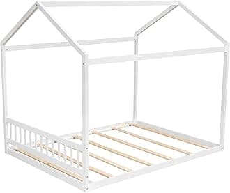 SOFTSEA Floor House Bed Frame Queen Size Wood Platform Bed with Headboard House Bed with Roof for Kids, No Box Spring Needed (White)