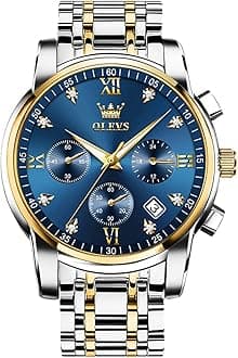 OLEVSMen's Stainless Steel Chronograph Watch, Big Face Gold Silver Black Tone Easy to Read Analog Quartz Watch, Luxury Waterproof Date Diamond Roman Arabic Numerals Dial Dress Watch for Men