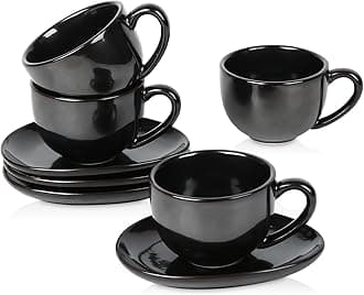 vicrays 6.5 oz Cappuccino Cups with Saucers, Set of 4, Ceramic Coffee Cup for Au Lait, Double shot, Latte, Cafe Mocha, Tea (Black)