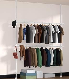 INFLATION Closet Organizer Clothes Rack, Heavy Duty 2-Tier Adjustable Free Standing Laundry Drying Garment Rack, Floor to Ceiling Clothing Hanger Tension Rod Closet System Wardrobe Storage, White