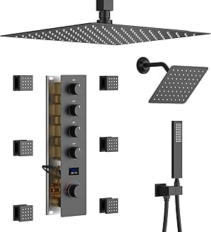 Matte Black Shower System Digital Tempreature Display Thermostatic Shower Faucet Set with 12 inch Ceiling Mount and 8 inch Wall Mount Shower Head, with 6 PCS Body Jet and Handheld Spray