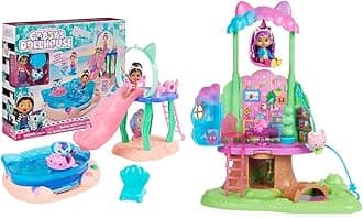 Gabby's Dollhouse, Purr-ific Pool Playset with Gabby and MerCat Figures, Transforming Garden Treehouse Playset with Lights, 2 Figures, 5 Accessories, 1 Delivery, 3 Furniture