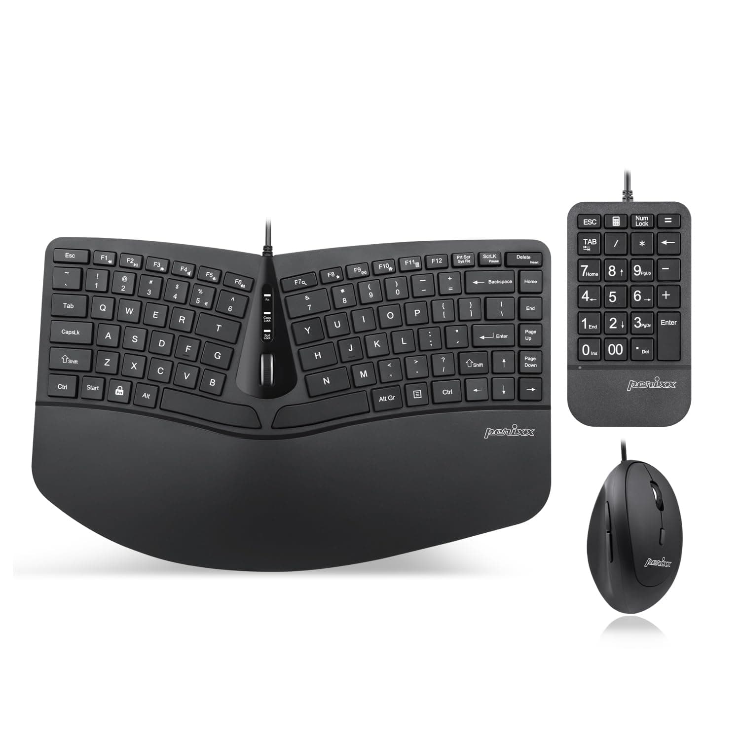 Perixx PERIDUO-406, Wired Mini Ergonomic Split Keyboard and Vertical Mouse Combo - Adjustable Palm Rest - Tilt Scroll Wheel - Membrane Low Profile Keys - Numeric Keypad not Included, US English Layout