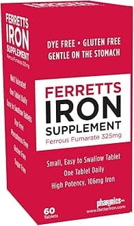 Iron Tablets 106mg (325mg Ferrous Fumarate) - 60 Day Supply of High Potency Iron Supplements for Women & Men, Easy on The Stomach Iron Supplements for Anemia, 60 Iron Pills Per Bottle