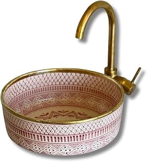 MIRATILE Handmade Ceramic Basin Sink, Handwash Countertop Vanity Basin, Farmhouse Bathroom Basin, Sink Bowl with Brass Rim Edge, Hand Painted Wash Basin Sink (8"= 20cm, Pink)
