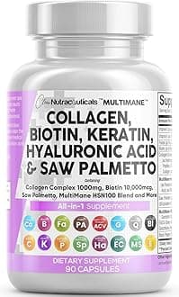 Collagen Pills 1000mg Biotin 10000mcg Keratin Saw Palmetto Hyaluronic Acid - Hair Skin & Nails Vitamins & DHT Blocker with Vitamin E Folic Acid Pumpkin Seed MSM - 90 Count