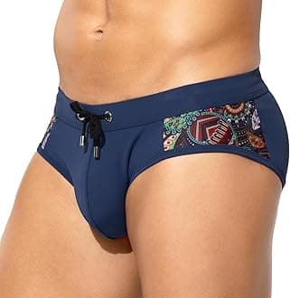 Men's Swimsuit Printed Swim Briefs Pattern Bikini Swimwear with Drawstrings and Lined Pouch