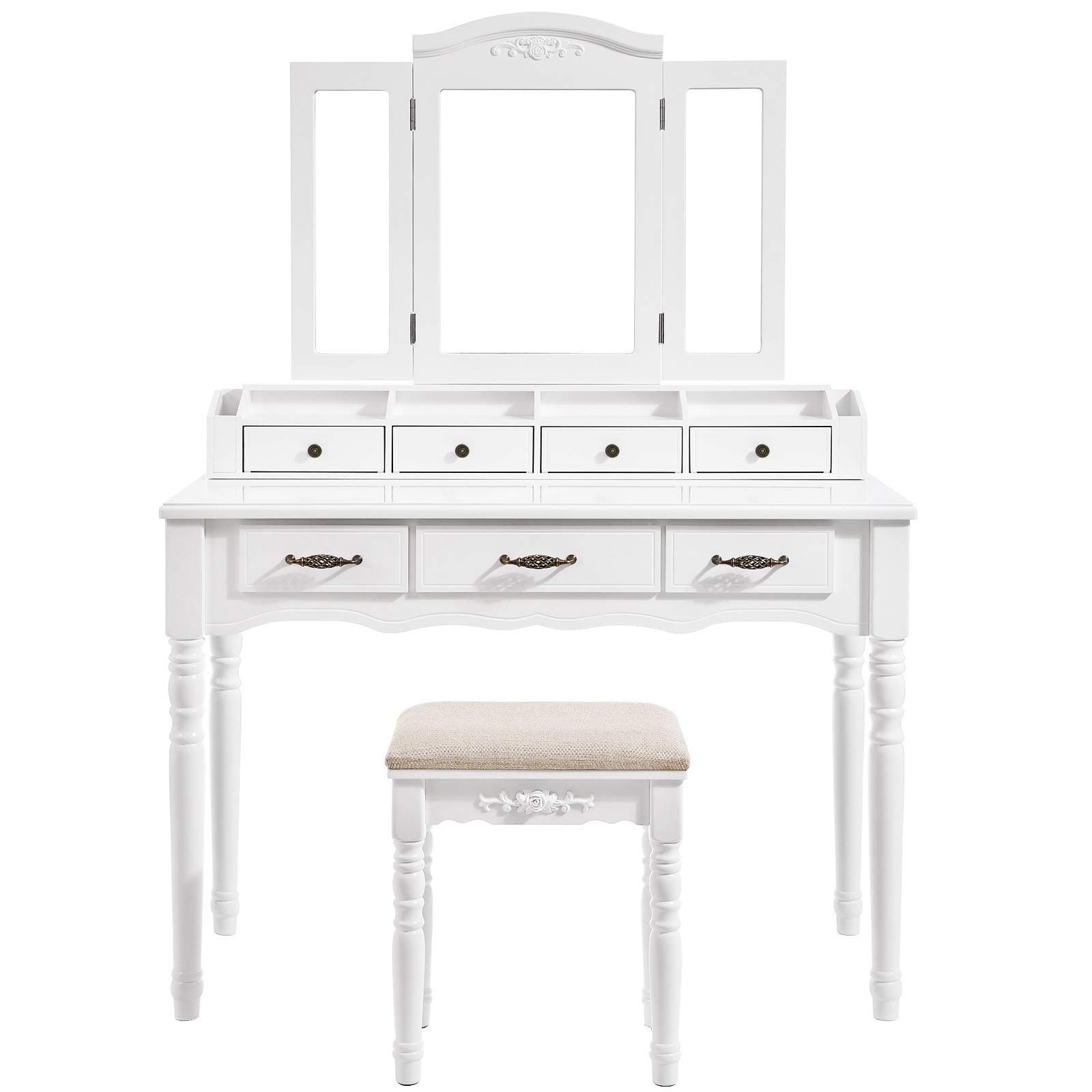 VASAGLE Dressing table with 7 Drawers, Makeup Table with Tri-Fold Necklace Hooked Mirror, 2 Brush Slots and 4 Open Compartments, Solid Wood Legs, Cushioned Stool, White RDT60WT