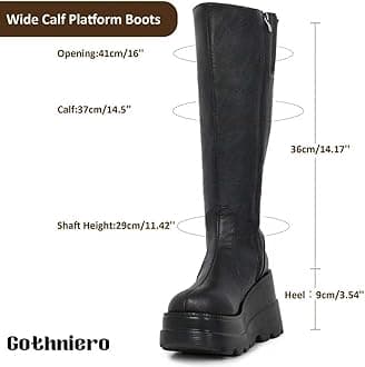 Gothniero High Platform Knee Boots Chunky Heel Wedge Black Boots For Women Combat Goth Punk Motorcycle Booties Zip up With Metal Buckles Size5-11