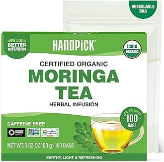 Organic Moringa Tea Bags (100 Count), Pure Moringa Leaves | Authentic Indian Origin | Caffeine Free, Non GMO | Round Eco-conscious Teabags