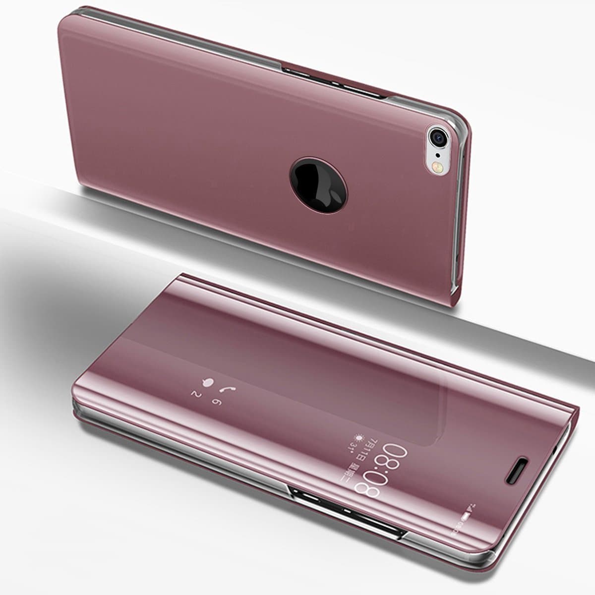 Etsue Mirror Leather Case for iPhone 8 Plus/iPhone 7 Plus Mirror Makeup Plating Smart View Flip Cover PU Leather Case Clear Standing View Bookstyle Wallet Case Cover Rose Gold
