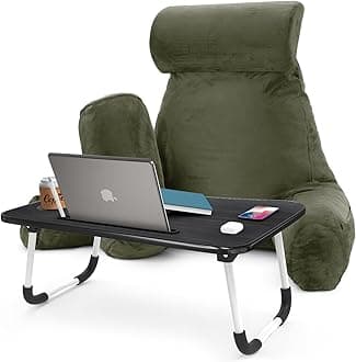 Nestl Reading Pillow with Portable Laptop Lap Desk - Shredded Memory Foam Back Support Pillow for Sitting Up in Bed and Couch Rest Pillows with Arms, Bed Tray Table with Foldable Legs, Olive Green