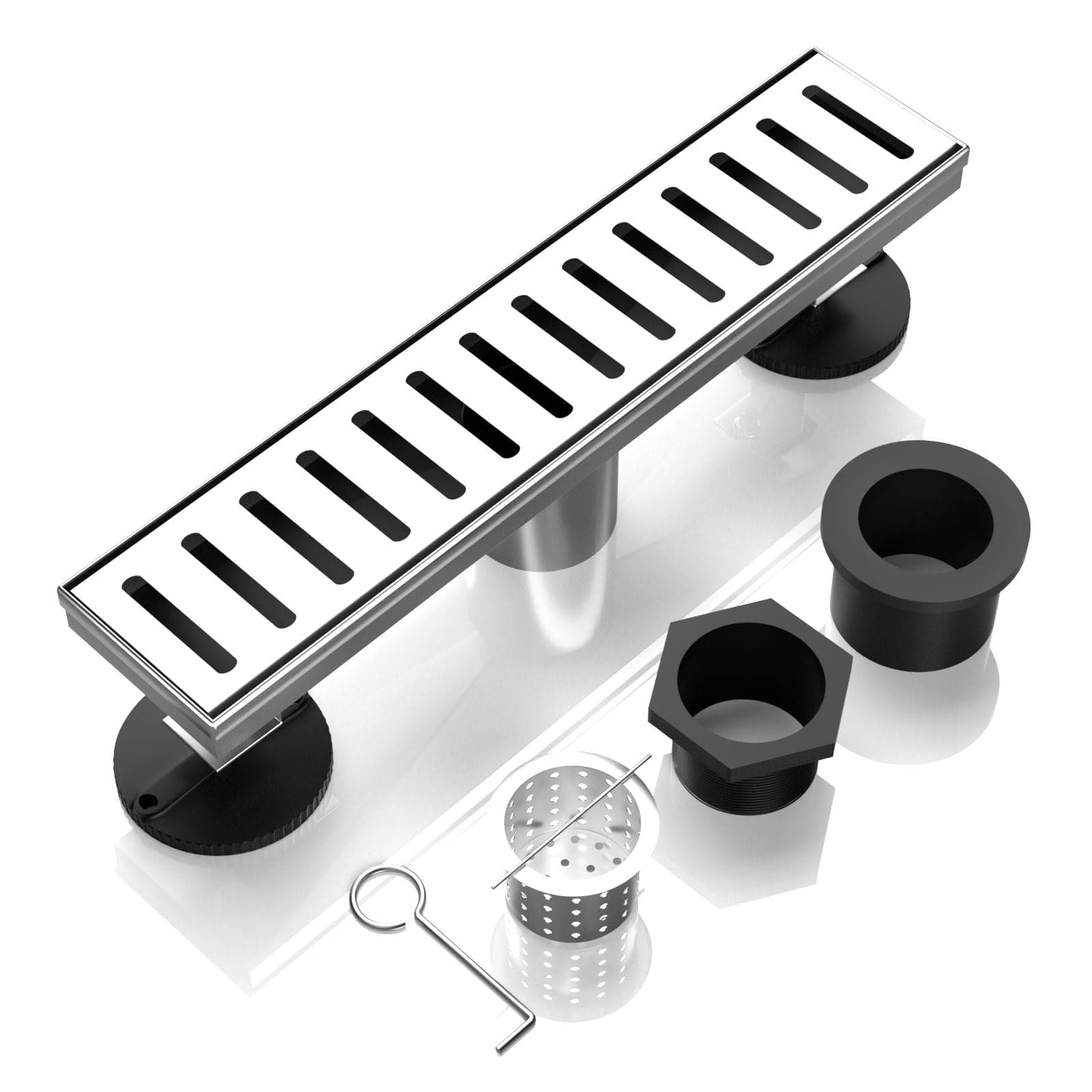 BARONAGE Linear Shower Drain 12 Inch with Removable Capsule Pattern Grate, Professional 304 Stainless Steel Rectangular Floor Drain with Hair Catcher-Leveling Feet, CUPC Certified (Brushed)