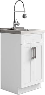 SIMPLIHOME Hennessy All-in-One 20 inch Wide Utility Sink and Laundry Cabinet in Pure White Finish, Transitional Stainless Steel Sink Cabinet for Laundry Rooms with High-Arch Chrome Faucet and Storage