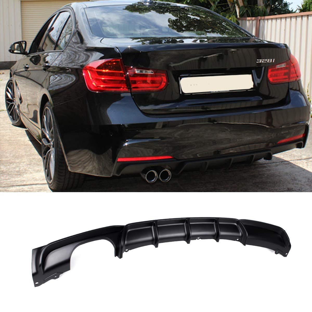 F30 Diffuser, FRP Rear Bumper Diffuser Lip Dual Muffler Single Out for BMW 3 Series F30 320i 325i 328i 335i M-Tech M Sport Matt Black