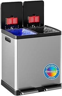 iTouchless 16 Gallon Dual Step Trash Can and Recycle Bin with Lid, Stainless Steel Kitchen Garbage 2 Compartment Sorting, Odor Control Filter, AirNova Silent Close, Fingerprint-Proof, Matte Silver