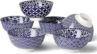 Blue and White Bowls, Ceramic Dessert Bowls 10 Oz, Porcelain Bowl Set for Ice Cream, Decorative Bowls for Snack Soup Condiments, Side Dishes, Set of 6