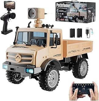 RC Military Truck, 1:16 Scale Remote Control Car with Camera, All Terrain RC Rock Crawler Off-Road RC Truck, 2.4GHz Army Transport Vehicle with 2 Rechargeable Batteries for Adults, Beige