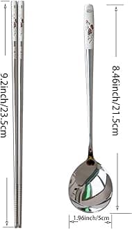 Reusable Chopstick and Spoon Set, Korean Long Handle Stainless Steel Spoon and Chopsticks Set, Dishwasher Safe Metal Chop sticks, Set of 3. (Multi-patterned)