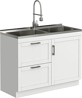 SIMPLIHOME Hennessy All-in-One 46 inch Wide Utility Sink and Laundry Cabinet in Pure White Finish, Transitional Stainless Steel Dual Sink Cabinet for Laundry Rooms with High-Arch Chrome Faucet