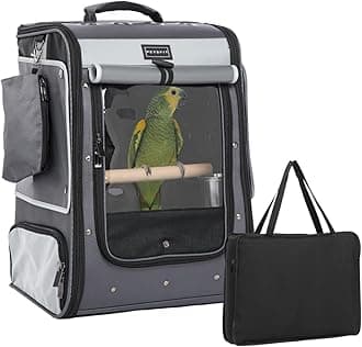 Petsfit Bird Carrier with Shade Cover,Adjustable Height Standing Perch,2 Feeder Bowls and Great Ventilation, Fit for Medium/ Large Sized Birds(Large, Grey1)