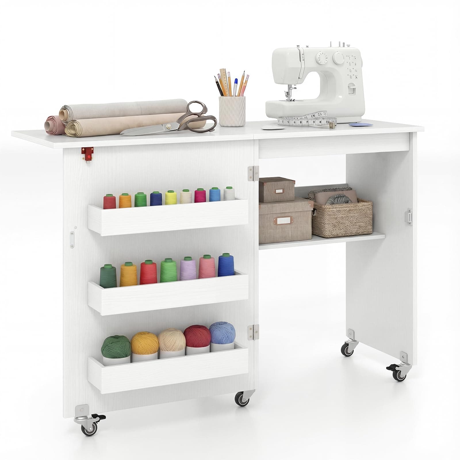 Folding Sewing Table, 2-in-1 Rolling Craft Table with Storage Shelves and Lockable Casters, Space Saving Sewing Machine Cabinet Computer Desk (White)