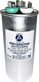 Appli Parts Dual Run Capacitor for ac 40+5 Mfd uF (microfarads) 370 VAC or 450 VAC CBB65 Round Universal fit for hvac and other applications 4-3/4 in High 2 in Wide CON-40/5-450